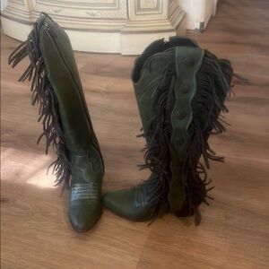 Fringe Knee-High Boots in Green